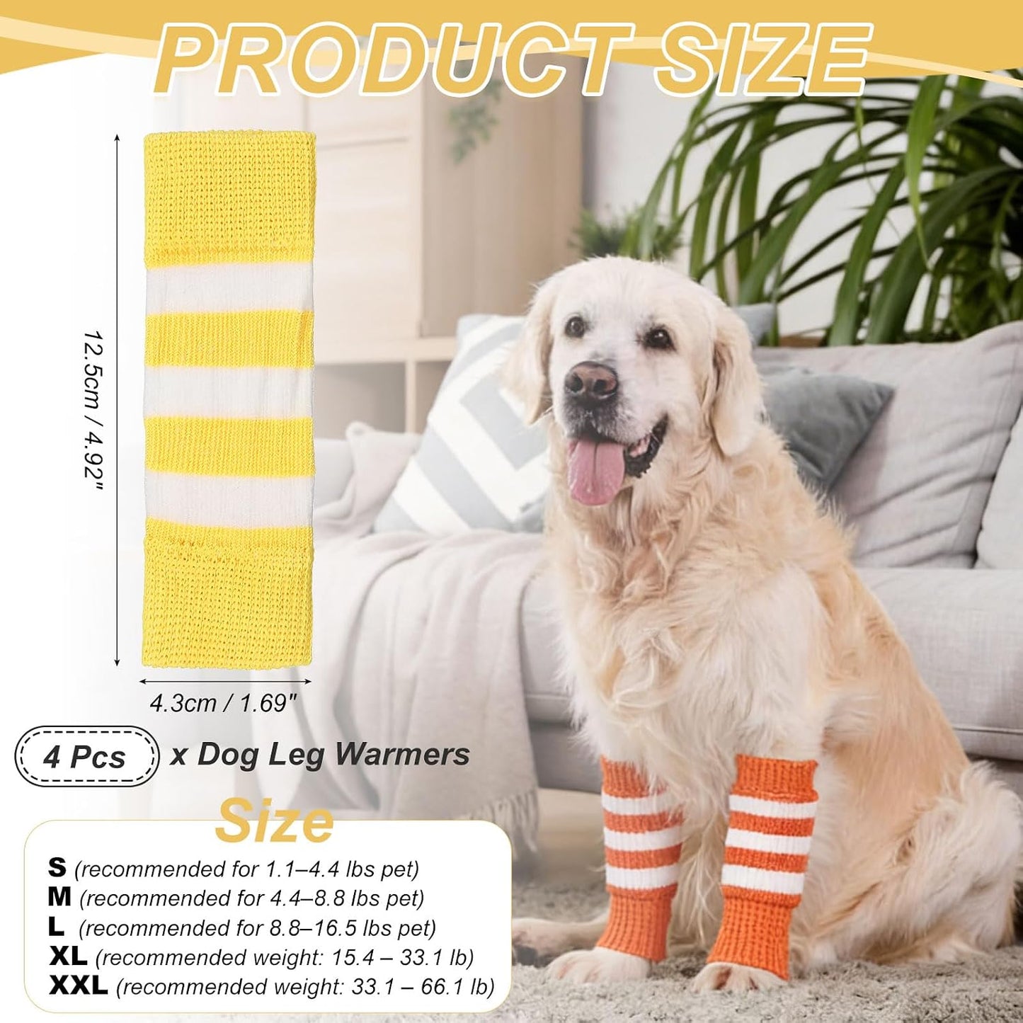 Dog Leg Warmers, Soft Dog Elbow Protector Sleeve Joint Protection Striped Winter Warm Knitted Pet Leg Socks, (Yellow, L, 4Pcs), Intended for Small/Medium/Large Puppies Cats
