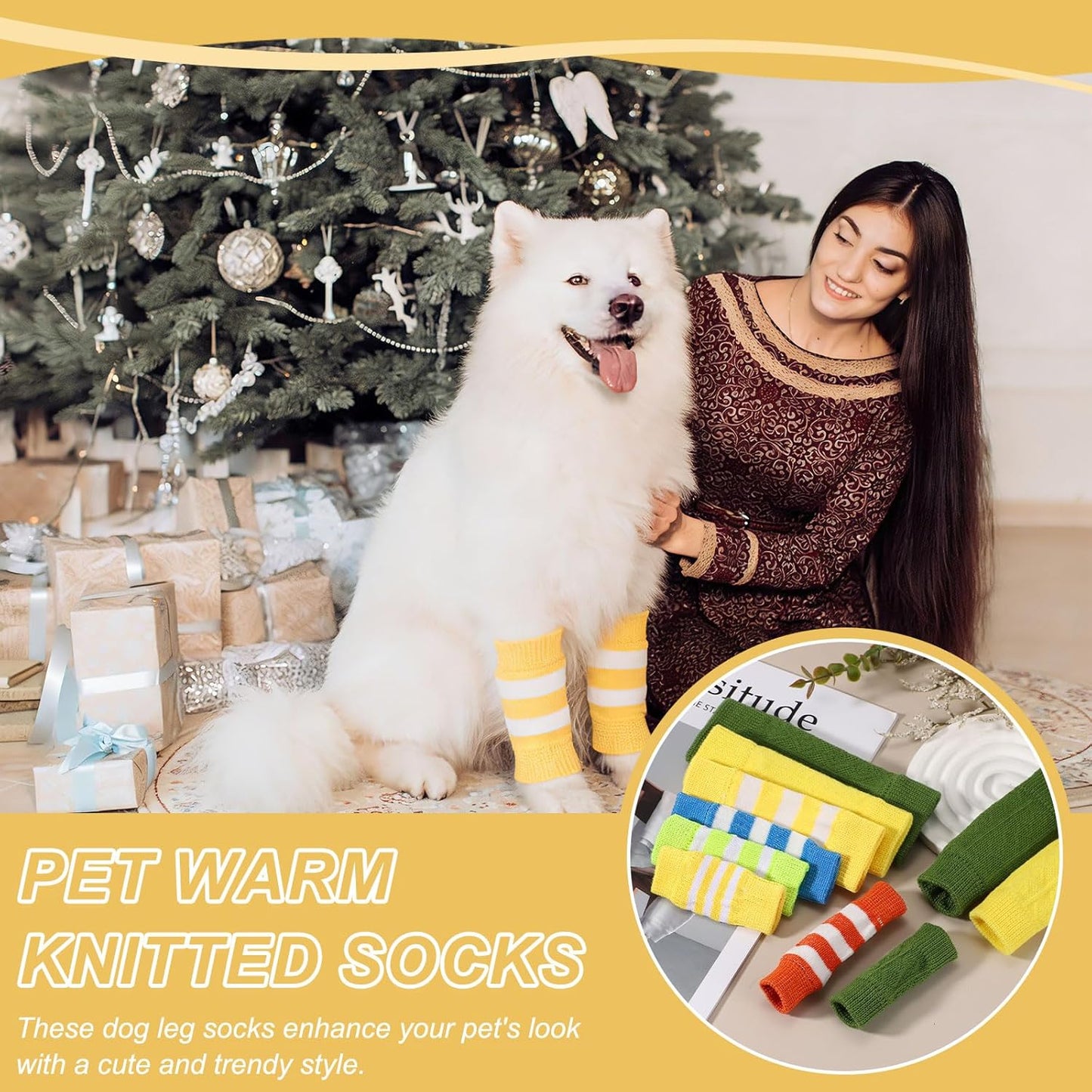 Dog Leg Warmers, Soft Dog Elbow Protector Sleeve Joint Protection Striped Winter Warm Knitted Pet Leg Socks, (Yellow, L, 4Pcs), Intended for Small/Medium/Large Puppies Cats