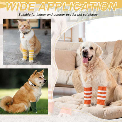 Dog Leg Warmers, Soft Dog Elbow Protector Sleeve Joint Protection Striped Winter Warm Knitted Pet Leg Socks, (Yellow, L, 4Pcs), Intended for Small/Medium/Large Puppies Cats