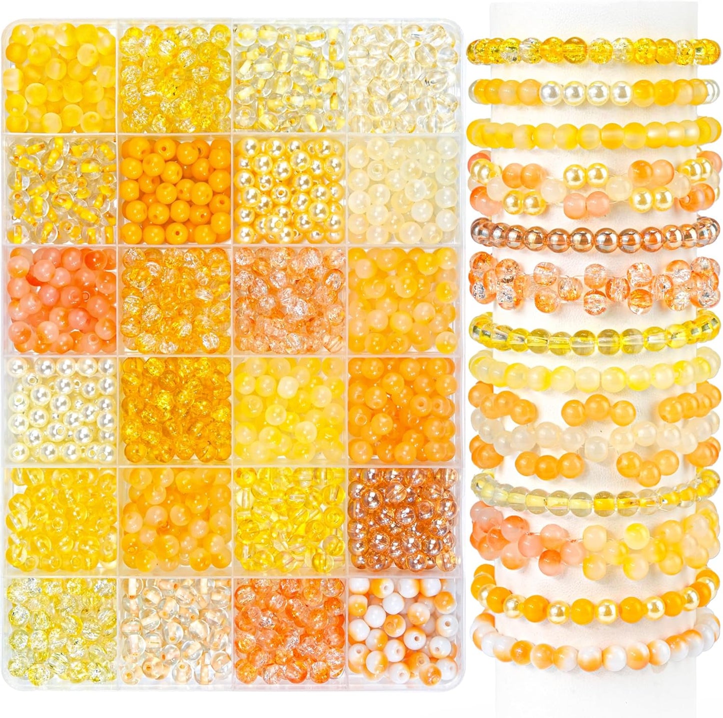 1200PCS 6mm Glass Beads for Bracelets, Yellow Beads 24 Colors Orange Crystal Beads Bracelet Making Kit and Jewelry Making, Round Glass Beads for Friendship Bracelets DIY Crafts