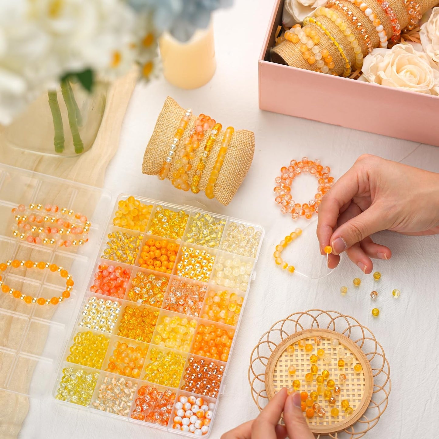 1200PCS 6mm Glass Beads for Bracelets, Yellow Beads 24 Colors Orange Crystal Beads Bracelet Making Kit and Jewelry Making, Round Glass Beads for Friendship Bracelets DIY Crafts