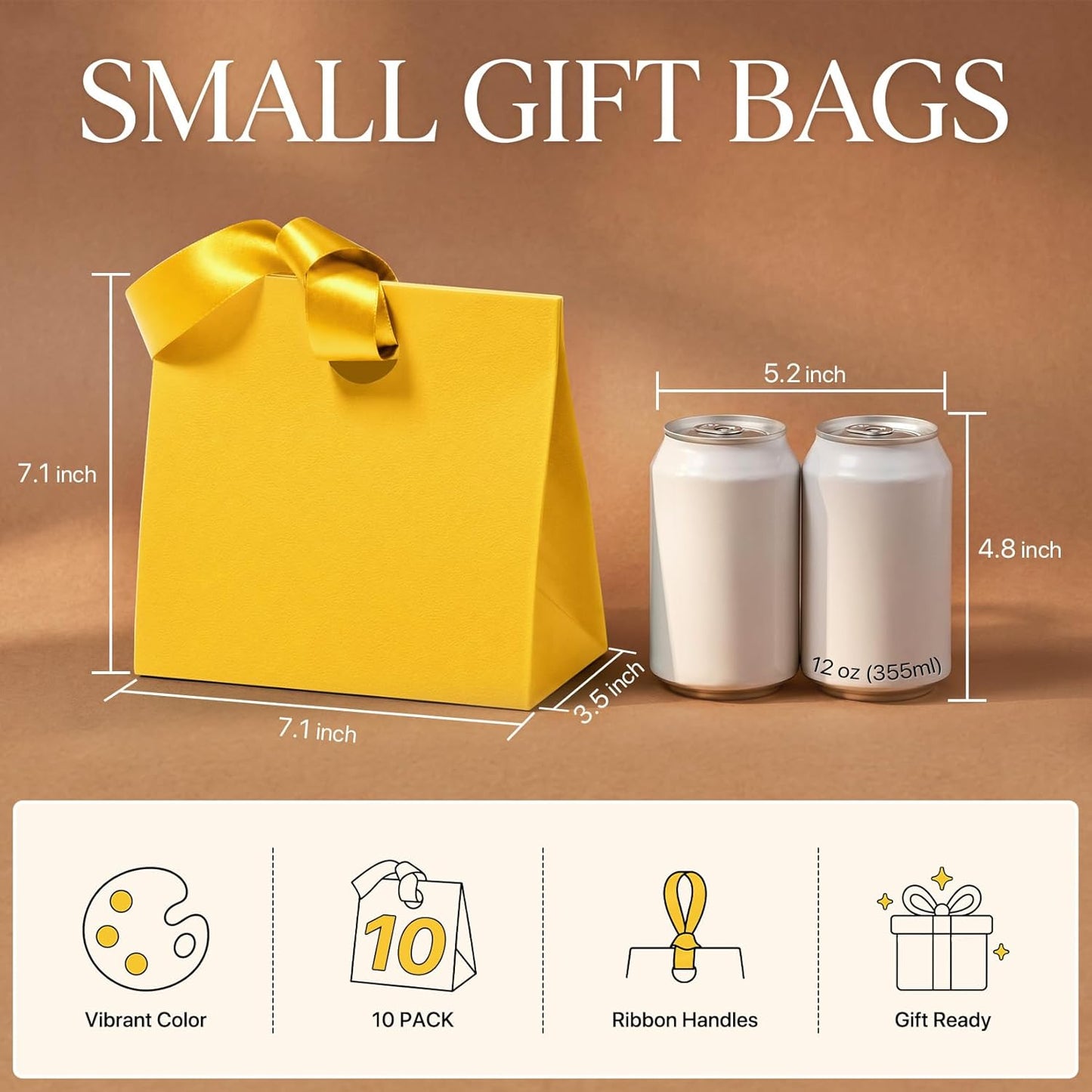Small Gift Bags with Handles Ribbons 10PCS Yellow Gift Bags for Candy Goodie Jewelry Party Favor, Cute Gifts Wrap Bag for Women Birthday Party Baby Bridal Shower Graduation Wedding 7.9x3.5x7.1