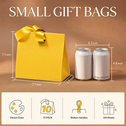 Small Gift Bags with Handles Ribbons 10PCS Yellow Gift Bags for Candy Goodie Jewelry Party Favor, Cute Gifts Wrap Bag for Women Birthday Party Baby Bridal Shower Graduation Wedding 7.9x3.5x7.1