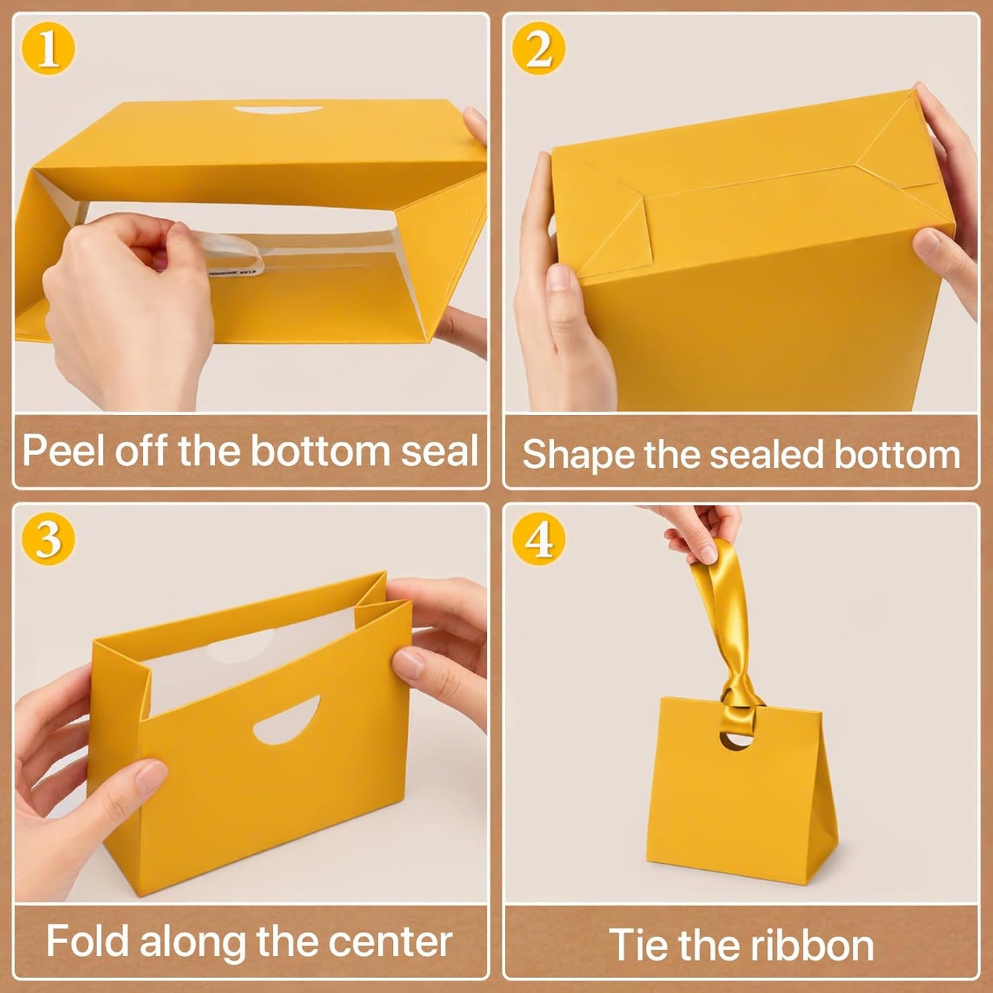 Small Gift Bags with Handles Ribbons 10PCS Yellow Gift Bags for Candy Goodie Jewelry Party Favor, Cute Gifts Wrap Bag for Women Birthday Party Baby Bridal Shower Graduation Wedding 7.9x3.5x7.1
