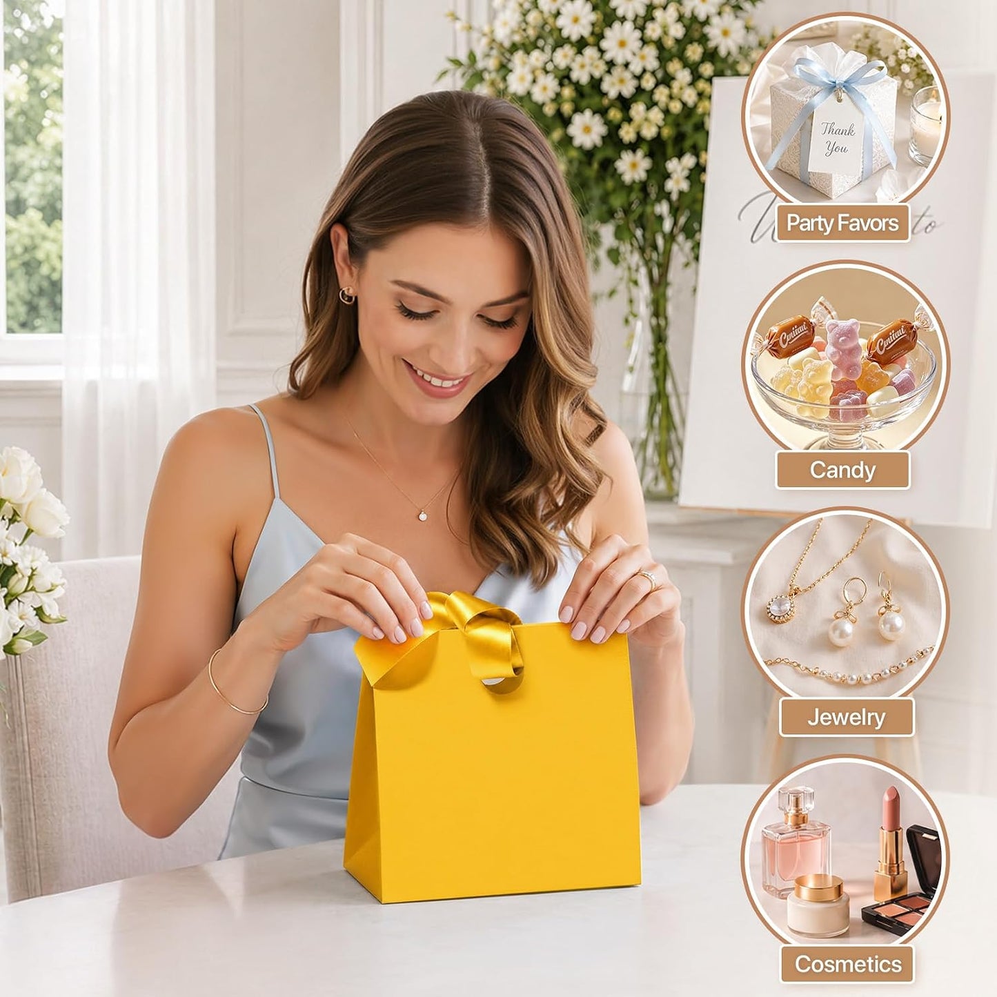 Small Gift Bags with Handles Ribbons 10PCS Yellow Gift Bags for Candy Goodie Jewelry Party Favor, Cute Gifts Wrap Bag for Women Birthday Party Baby Bridal Shower Graduation Wedding 7.9x3.5x7.1