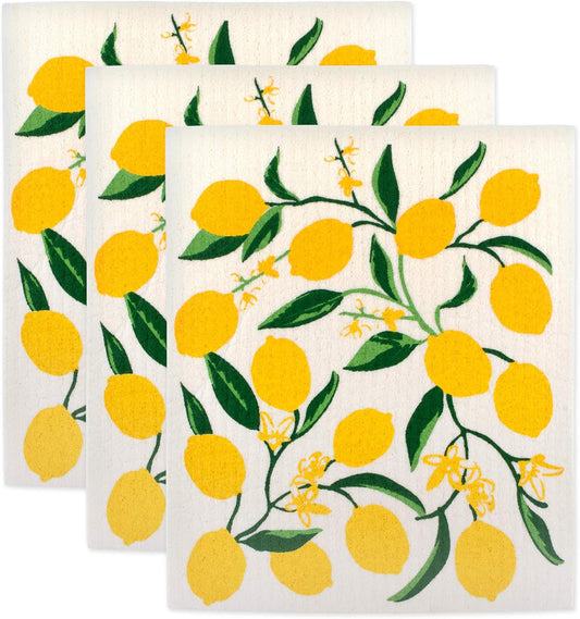 Swedish Dishcloths for Kitchen & Cleaning, Reusable, Machine Washable & Dishwasher Safe, Biodegradable, 7.75 x 6.75, Lemons, 3 Piece