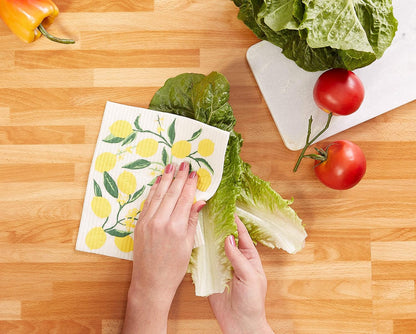 Swedish Dishcloths for Kitchen & Cleaning, Reusable, Machine Washable & Dishwasher Safe, Biodegradable, 7.75 x 6.75, Lemons, 3 Piece