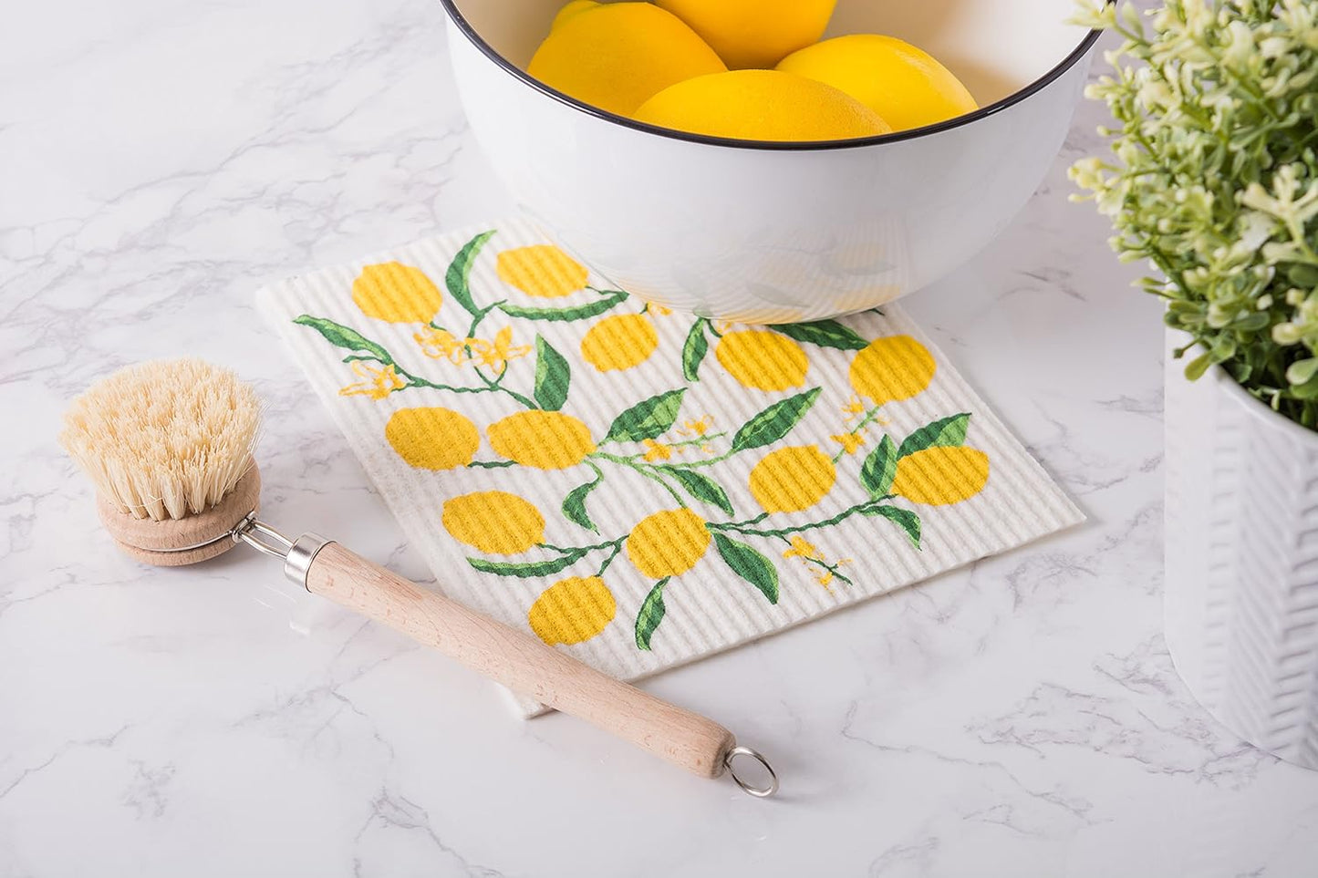 Swedish Dishcloths for Kitchen & Cleaning, Reusable, Machine Washable & Dishwasher Safe, Biodegradable, 7.75 x 6.75, Lemons, 3 Piece