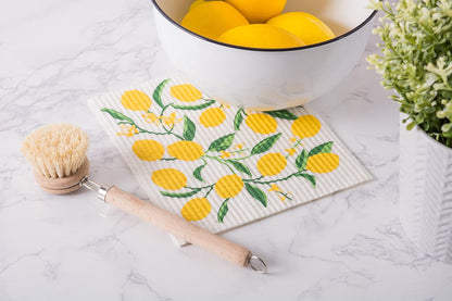 Swedish Dishcloths for Kitchen & Cleaning, Reusable, Machine Washable & Dishwasher Safe, Biodegradable, 7.75 x 6.75, Lemons, 3 Piece