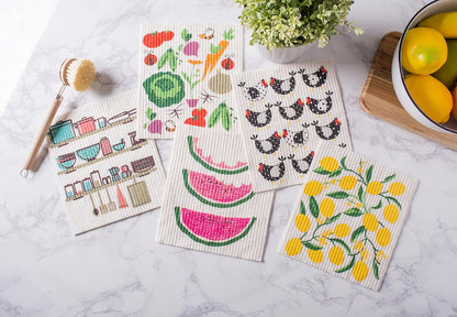Swedish Dishcloths for Kitchen & Cleaning, Reusable, Machine Washable & Dishwasher Safe, Biodegradable, 7.75 x 6.75, Lemons, 3 Piece