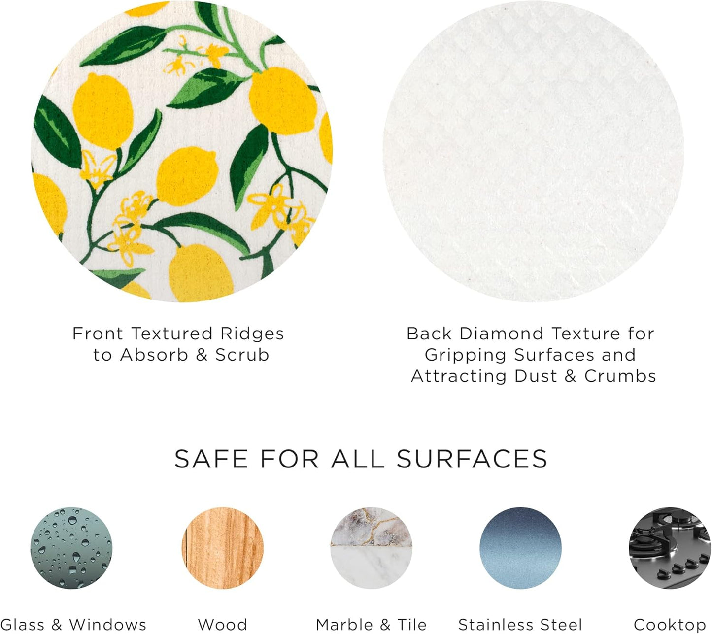 Swedish Dishcloths for Kitchen & Cleaning, Reusable, Machine Washable & Dishwasher Safe, Biodegradable, 7.75 x 6.75, Lemons, 3 Piece