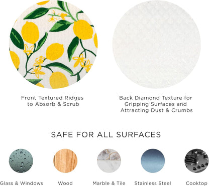 Swedish Dishcloths for Kitchen & Cleaning, Reusable, Machine Washable & Dishwasher Safe, Biodegradable, 7.75 x 6.75, Lemons, 3 Piece