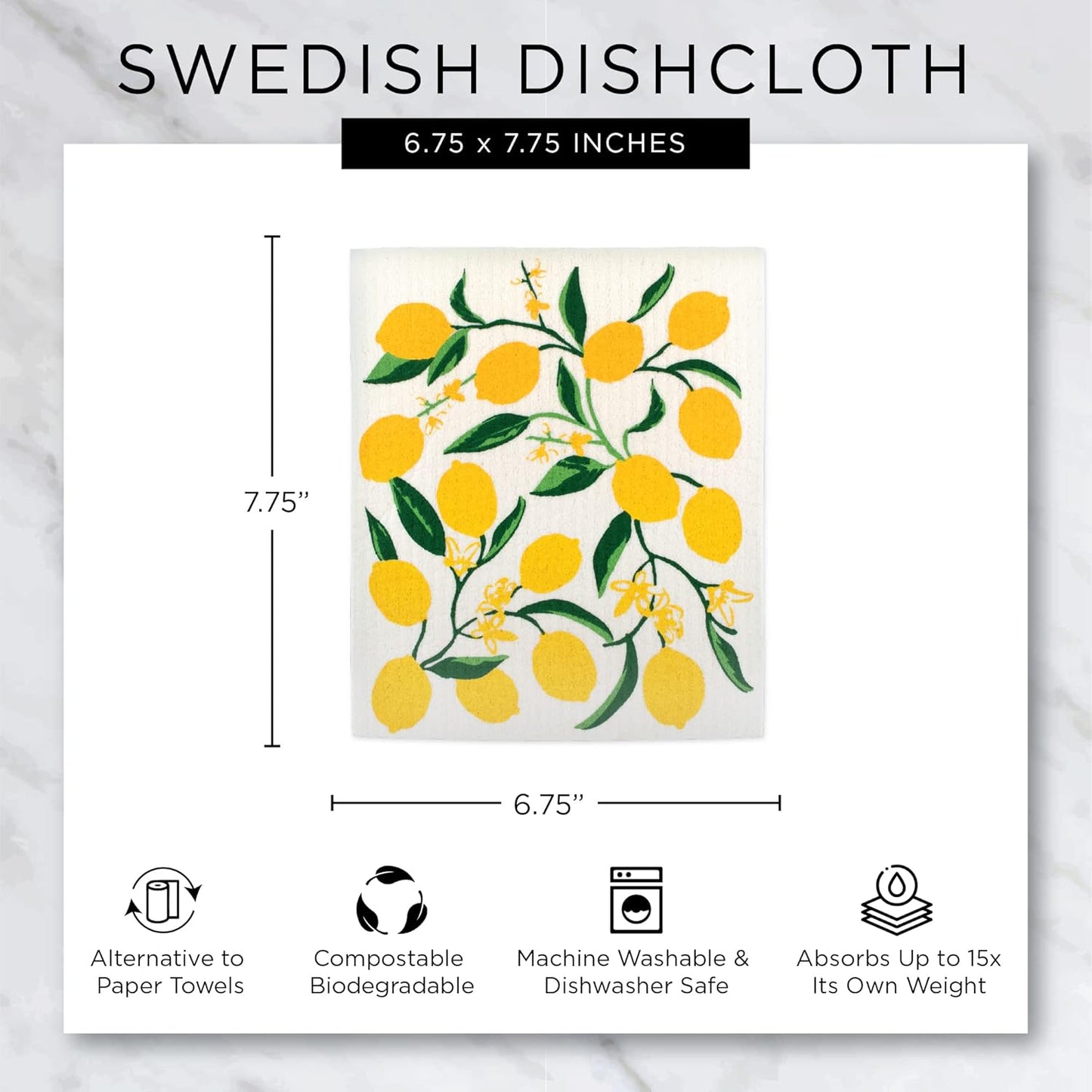 Swedish Dishcloths for Kitchen & Cleaning, Reusable, Machine Washable & Dishwasher Safe, Biodegradable, 7.75 x 6.75, Lemons, 3 Piece