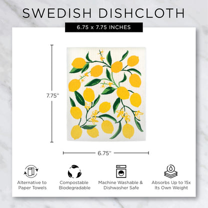 Swedish Dishcloths for Kitchen & Cleaning, Reusable, Machine Washable & Dishwasher Safe, Biodegradable, 7.75 x 6.75, Lemons, 3 Piece