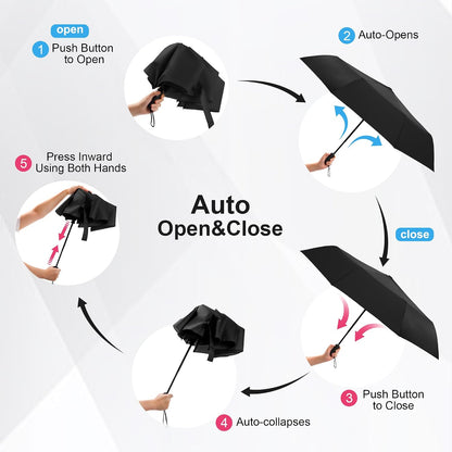 Travel Umbrella - Compact Umbrella for Rain - Perfect Large Auto Folding Umbrella - Ideal Car umbrella, Small umbrella, and Travel Companion