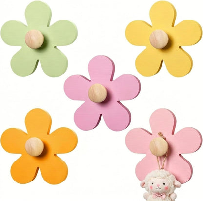 Pcs Daisy Wall Hooks Wood Flower Towel Hooks Cute Flower Decorative Wall Mount Hangers for Bathroom Kitchen Bedroom Home Entryway Decor(5,Yellow, Pink, Purple, Light Green)