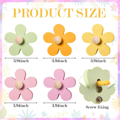Pcs Daisy Wall Hooks Wood Flower Towel Hooks Cute Flower Decorative Wall Mount Hangers for Bathroom Kitchen Bedroom Home Entryway Decor(5,Yellow, Pink, Purple, Light Green)