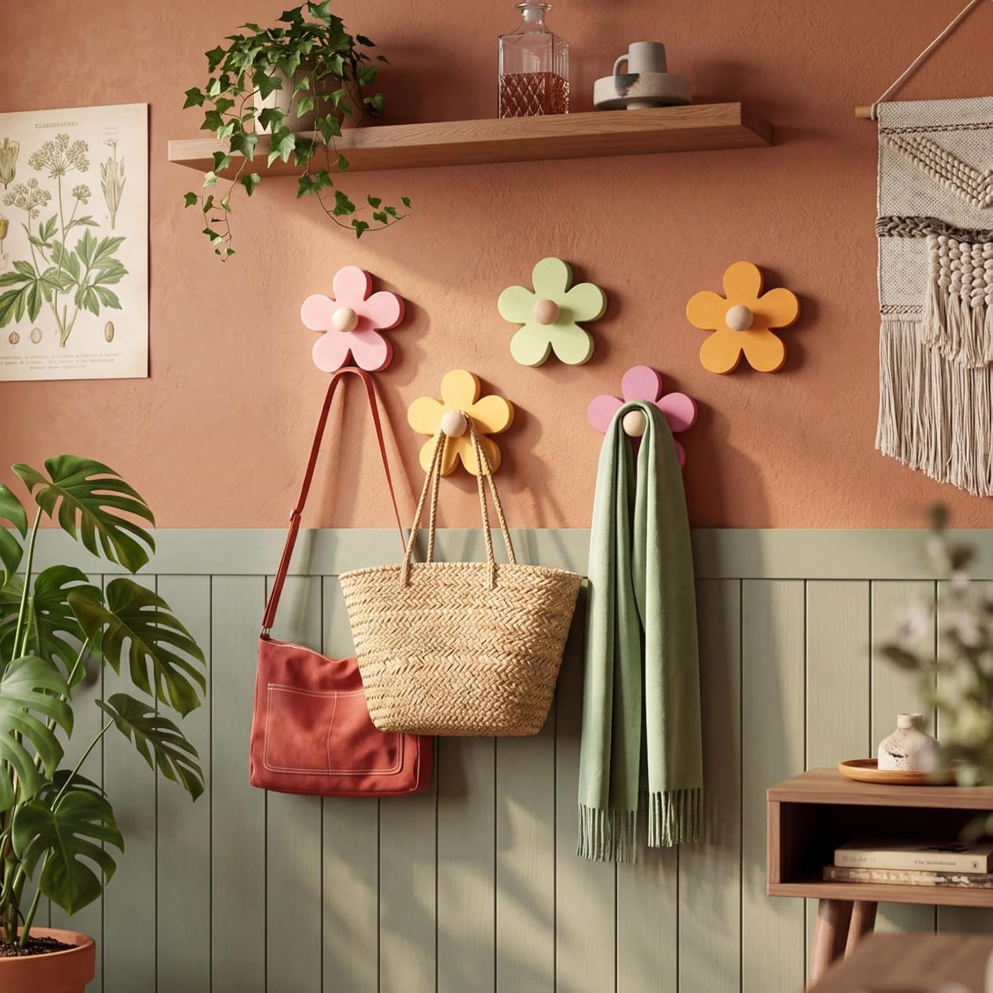 Pcs Daisy Wall Hooks Wood Flower Towel Hooks Cute Flower Decorative Wall Mount Hangers for Bathroom Kitchen Bedroom Home Entryway Decor(5,Yellow, Pink, Purple, Light Green)