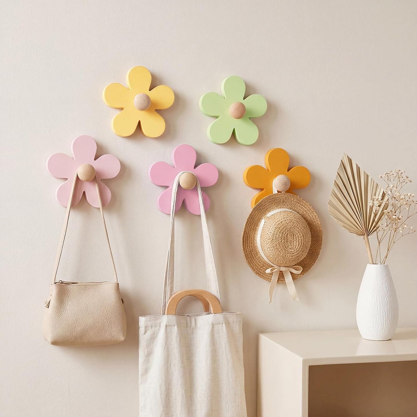 Pcs Daisy Wall Hooks Wood Flower Towel Hooks Cute Flower Decorative Wall Mount Hangers for Bathroom Kitchen Bedroom Home Entryway Decor(5,Yellow, Pink, Purple, Light Green)