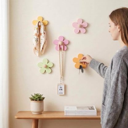 Pcs Daisy Wall Hooks Wood Flower Towel Hooks Cute Flower Decorative Wall Mount Hangers for Bathroom Kitchen Bedroom Home Entryway Decor(5,Yellow, Pink, Purple, Light Green)