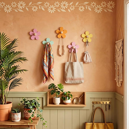 Pcs Daisy Wall Hooks Wood Flower Towel Hooks Cute Flower Decorative Wall Mount Hangers for Bathroom Kitchen Bedroom Home Entryway Decor(5,Yellow, Pink, Purple, Light Green)