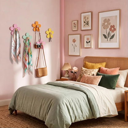Pcs Daisy Wall Hooks Wood Flower Towel Hooks Cute Flower Decorative Wall Mount Hangers for Bathroom Kitchen Bedroom Home Entryway Decor(5,Yellow, Pink, Purple, Light Green)