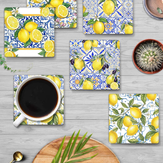 Coasters for Drinks Set of 6, Yellow Lemon Fruit Blue Ceramic Tiles Pattern Absorbent Square Ceramic Stone Mat, with Cork Base and Metal Holder, Gift for Housewarming Room Bar Decor