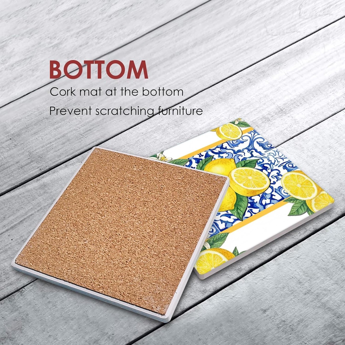 Coasters for Drinks Set of 6, Yellow Lemon Fruit Blue Ceramic Tiles Pattern Absorbent Square Ceramic Stone Mat, with Cork Base and Metal Holder, Gift for Housewarming Room Bar Decor