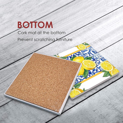 Coasters for Drinks Set of 6, Yellow Lemon Fruit Blue Ceramic Tiles Pattern Absorbent Square Ceramic Stone Mat, with Cork Base and Metal Holder, Gift for Housewarming Room Bar Decor