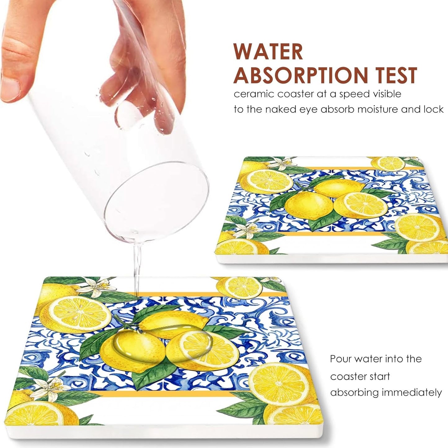 Coasters for Drinks Set of 6, Yellow Lemon Fruit Blue Ceramic Tiles Pattern Absorbent Square Ceramic Stone Mat, with Cork Base and Metal Holder, Gift for Housewarming Room Bar Decor