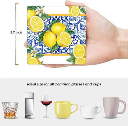 Coasters for Drinks Set of 6, Yellow Lemon Fruit Blue Ceramic Tiles Pattern Absorbent Square Ceramic Stone Mat, with Cork Base and Metal Holder, Gift for Housewarming Room Bar Decor
