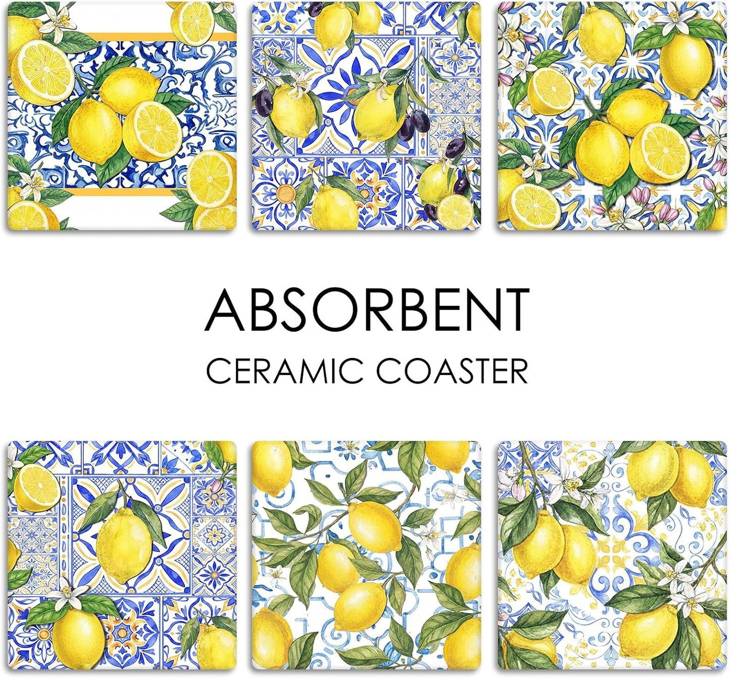 Coasters for Drinks Set of 6, Yellow Lemon Fruit Blue Ceramic Tiles Pattern Absorbent Square Ceramic Stone Mat, with Cork Base and Metal Holder, Gift for Housewarming Room Bar Decor