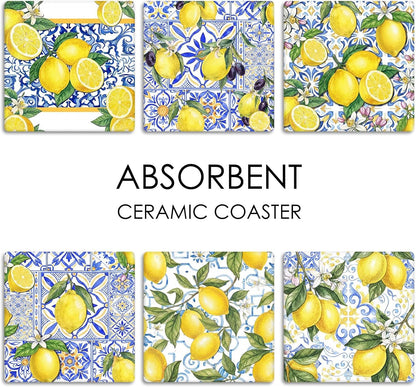 Coasters for Drinks Set of 6, Yellow Lemon Fruit Blue Ceramic Tiles Pattern Absorbent Square Ceramic Stone Mat, with Cork Base and Metal Holder, Gift for Housewarming Room Bar Decor