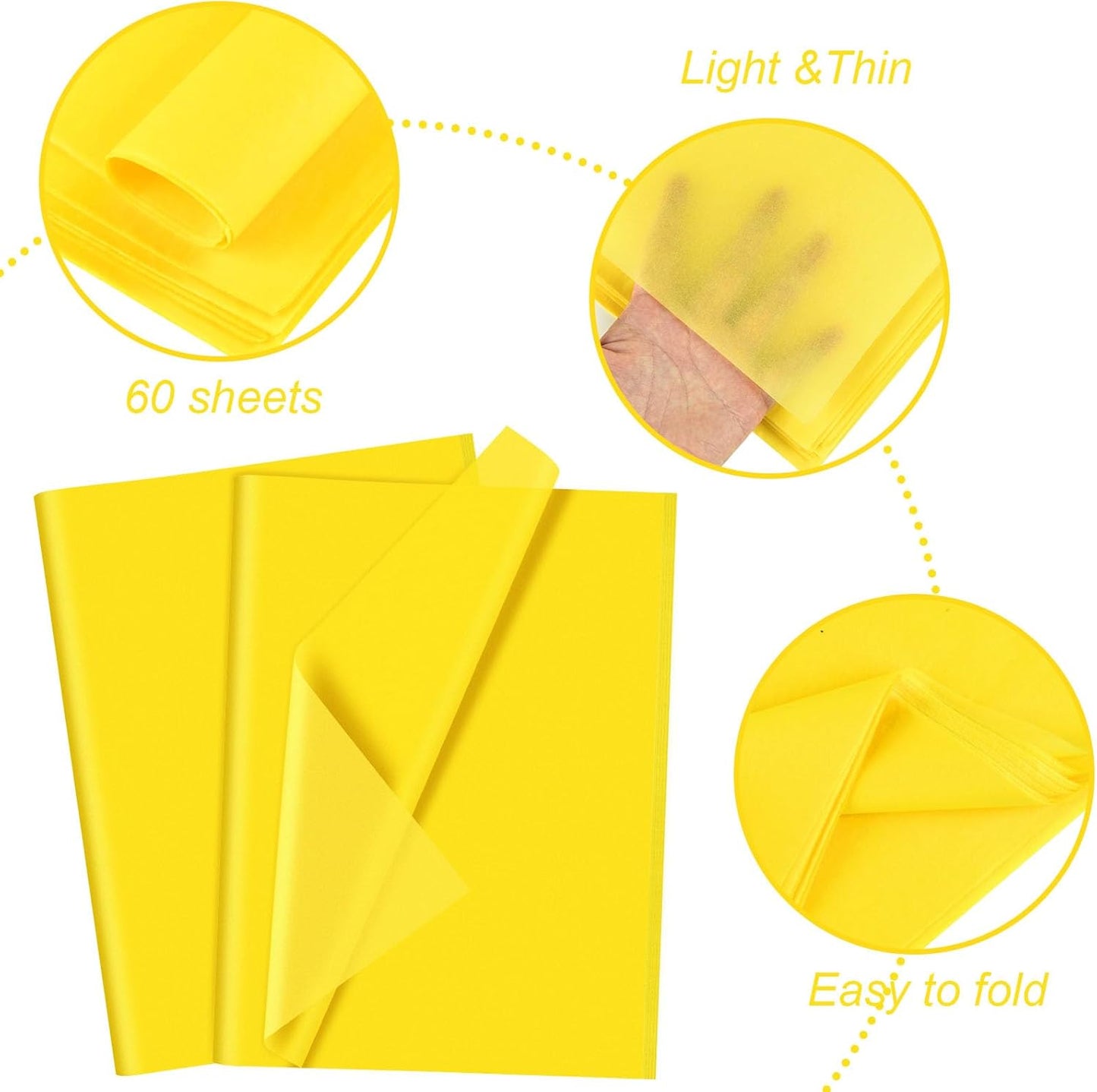 60 Sheets Yellow Tissue Paper - Thanksgiving Tissue Paper Art Gift Wrapping Bulk for DIY Crafts Decor Birthday Holiday Thanksgiving Party (20 x 14.5 inches)