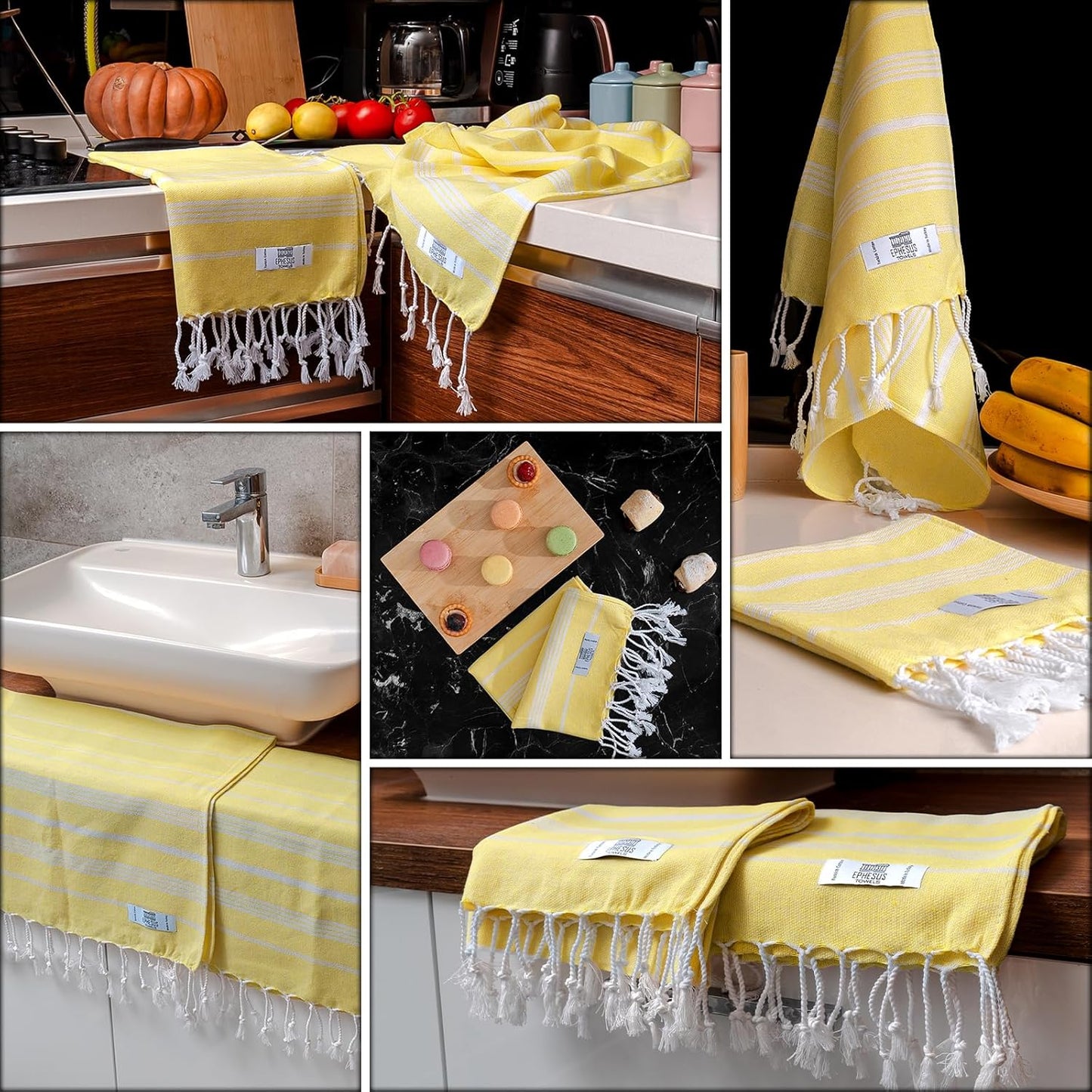 Turkish Hand Towels - Set of 6 | 18" x 30" - Decorative Boho Turkish Hand Towel for Bathroom, Kitchen, Guest, Face, Hair, Tea, Dishcloth (Sultan, Yellow)