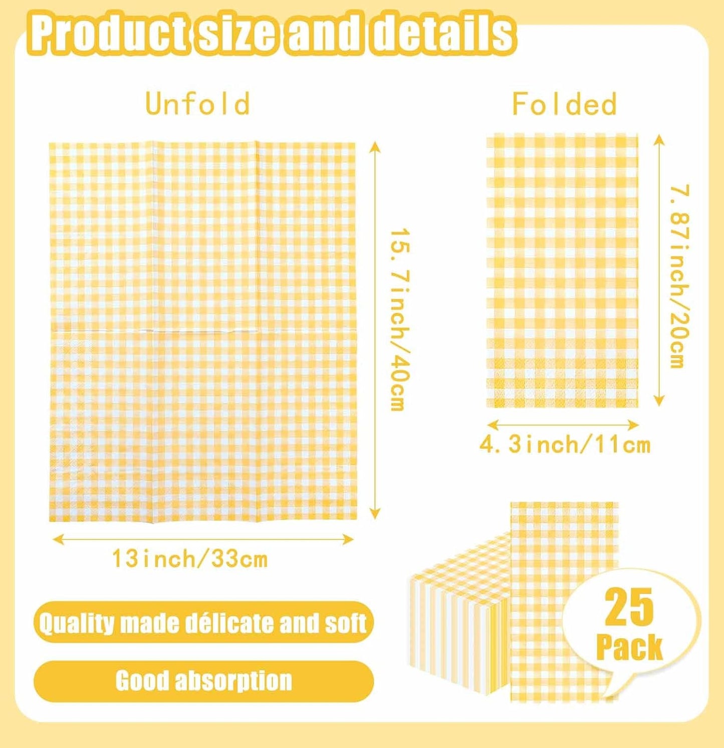25 Pieces 3-ply Yellow Gingham Napkins 13 x 15.7 Inches Guest Bathroom Napkins Disposable Hand Towels for Bathroom Wedding Birthday Party Paper Dinner Napkins