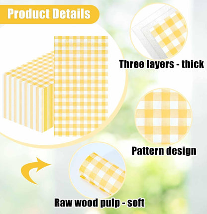 25 Pieces 3-ply Yellow Gingham Napkins 13 x 15.7 Inches Guest Bathroom Napkins Disposable Hand Towels for Bathroom Wedding Birthday Party Paper Dinner Napkins