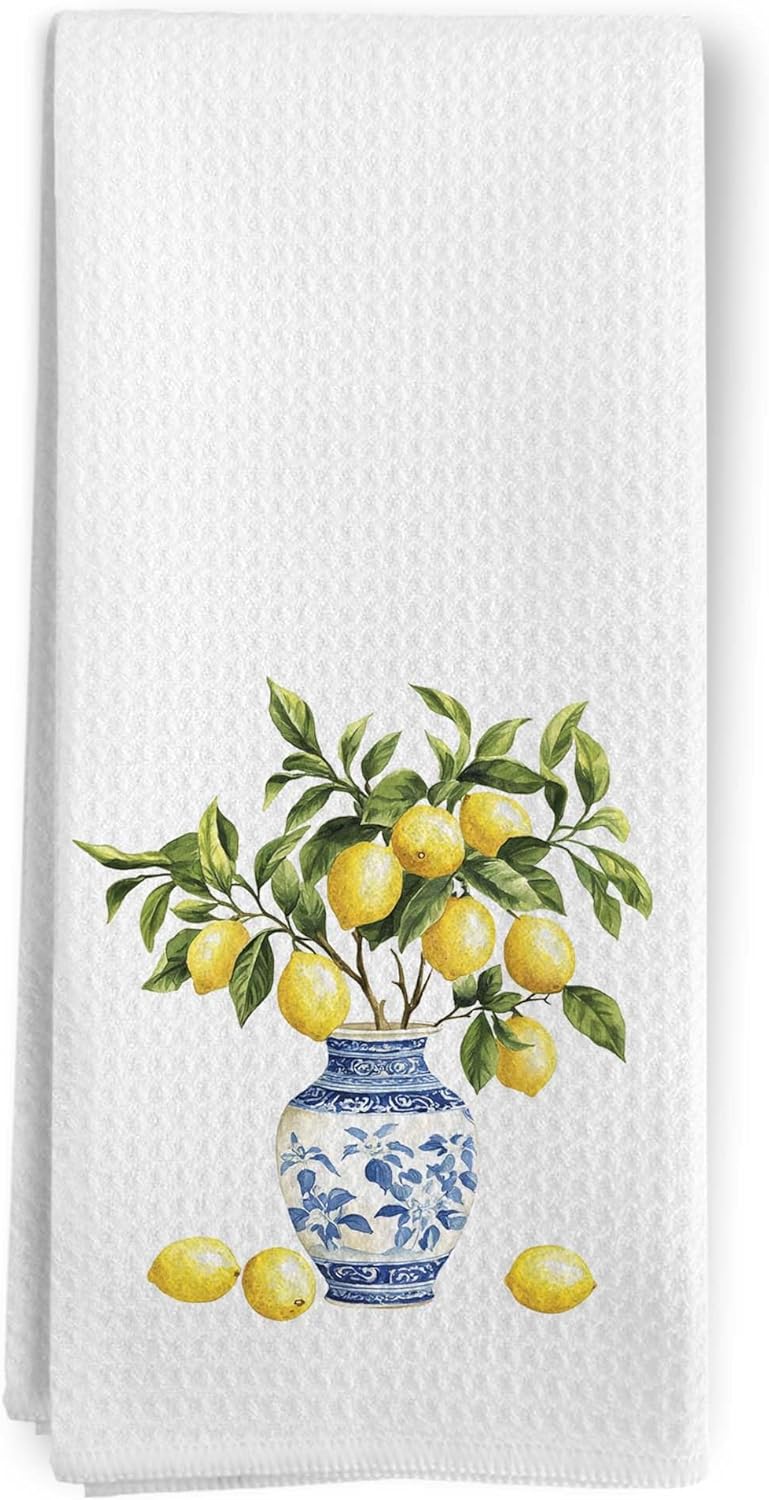 Lemon Chinoiserie Kitchen Towels, Blue and White Lemon Decorative Kitchen Towel, Lemon Gifts, Summer Mediterranean Lemons Hand Dish Tea Towels for Bathroom Decor