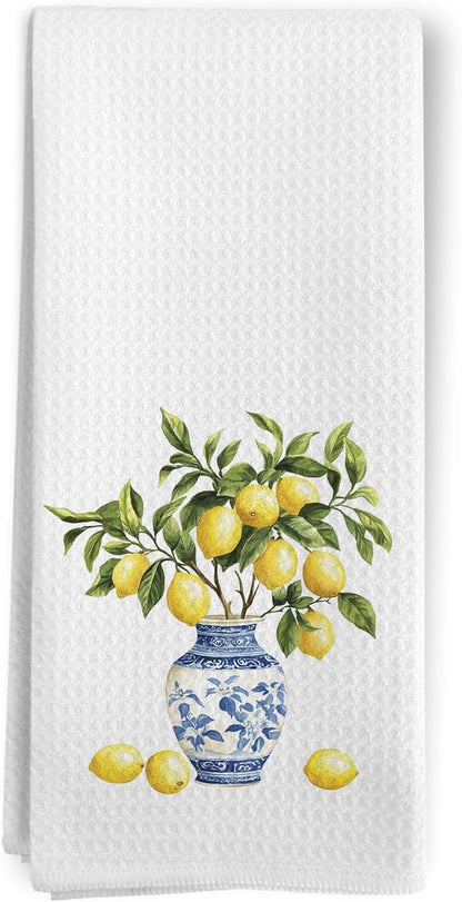 Lemon Chinoiserie Kitchen Towels, Blue and White Lemon Decorative Kitchen Towel, Lemon Gifts, Summer Mediterranean Lemons Hand Dish Tea Towels for Bathroom Decor