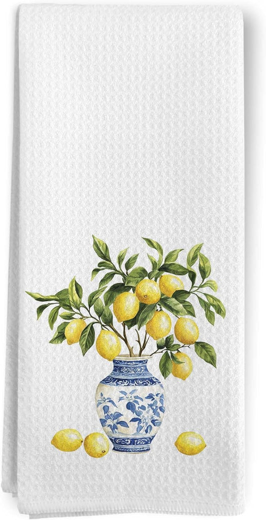 Lemon Chinoiserie Kitchen Towels, Blue and White Lemon Decorative Kitchen Towel, Lemon Gifts, Summer Mediterranean Lemons Hand Dish Tea Towels for Bathroom Decor
