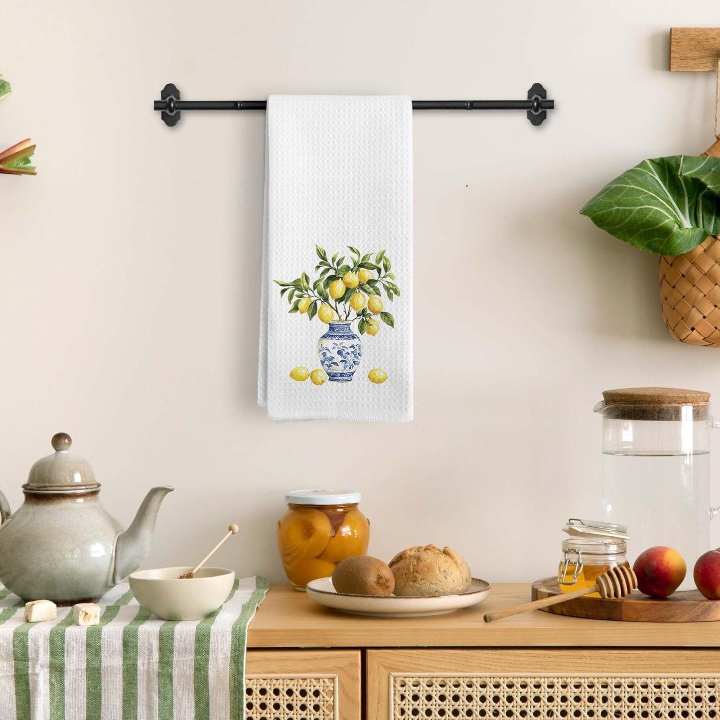 Lemon Chinoiserie Kitchen Towels, Blue and White Lemon Decorative Kitchen Towel, Lemon Gifts, Summer Mediterranean Lemons Hand Dish Tea Towels for Bathroom Decor