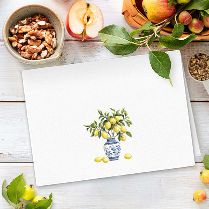 Lemon Chinoiserie Kitchen Towels, Blue and White Lemon Decorative Kitchen Towel, Lemon Gifts, Summer Mediterranean Lemons Hand Dish Tea Towels for Bathroom Decor