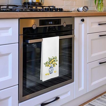Lemon Chinoiserie Kitchen Towels, Blue and White Lemon Decorative Kitchen Towel, Lemon Gifts, Summer Mediterranean Lemons Hand Dish Tea Towels for Bathroom Decor