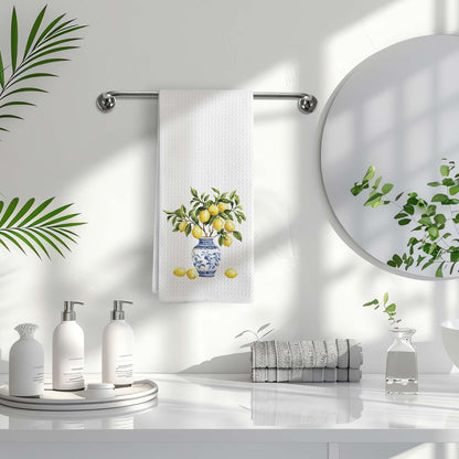 Lemon Chinoiserie Kitchen Towels, Blue and White Lemon Decorative Kitchen Towel, Lemon Gifts, Summer Mediterranean Lemons Hand Dish Tea Towels for Bathroom Decor
