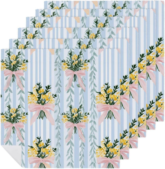 Pastel Lemon Floral Bouquets with Pink Bows Cloth Napkins Set of 6, Square Premium Reusable Washable Polyester Table Linen Napkin for Dinner Party