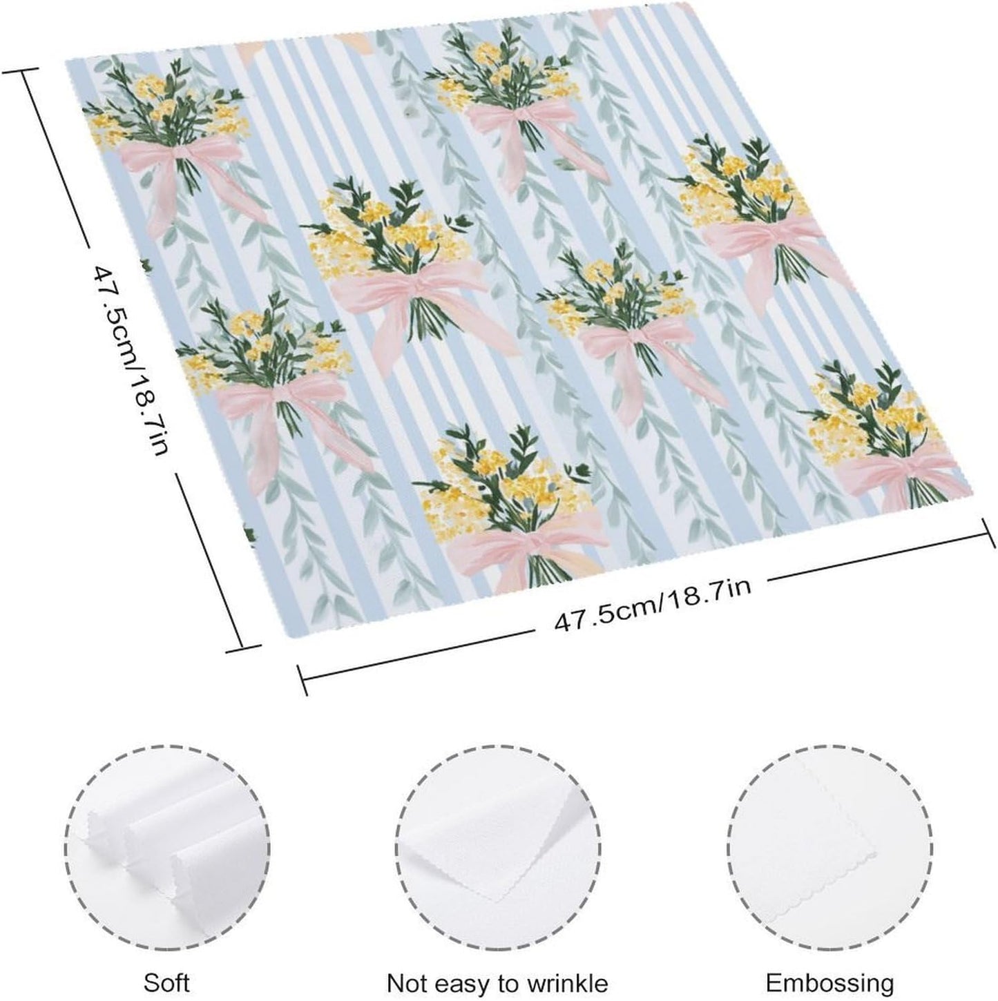 Pastel Lemon Floral Bouquets with Pink Bows Cloth Napkins Set of 6, Square Premium Reusable Washable Polyester Table Linen Napkin for Dinner Party
