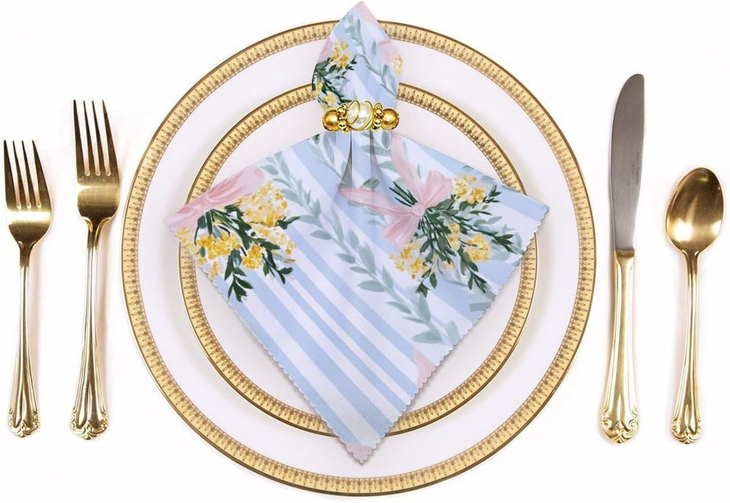 Pastel Lemon Floral Bouquets with Pink Bows Cloth Napkins Set of 6, Square Premium Reusable Washable Polyester Table Linen Napkin for Dinner Party