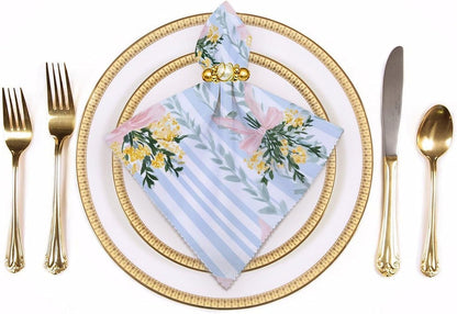 Pastel Lemon Floral Bouquets with Pink Bows Cloth Napkins Set of 6, Square Premium Reusable Washable Polyester Table Linen Napkin for Dinner Party