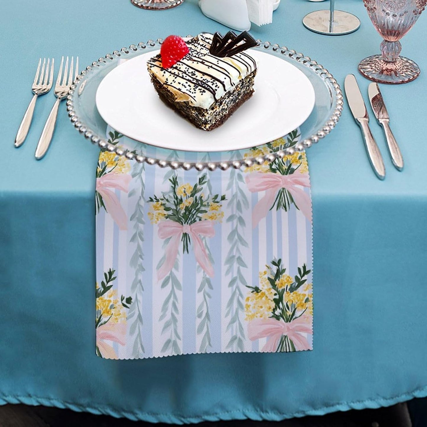 Pastel Lemon Floral Bouquets with Pink Bows Cloth Napkins Set of 6, Square Premium Reusable Washable Polyester Table Linen Napkin for Dinner Party