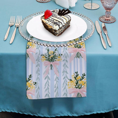 Pastel Lemon Floral Bouquets with Pink Bows Cloth Napkins Set of 6, Square Premium Reusable Washable Polyester Table Linen Napkin for Dinner Party